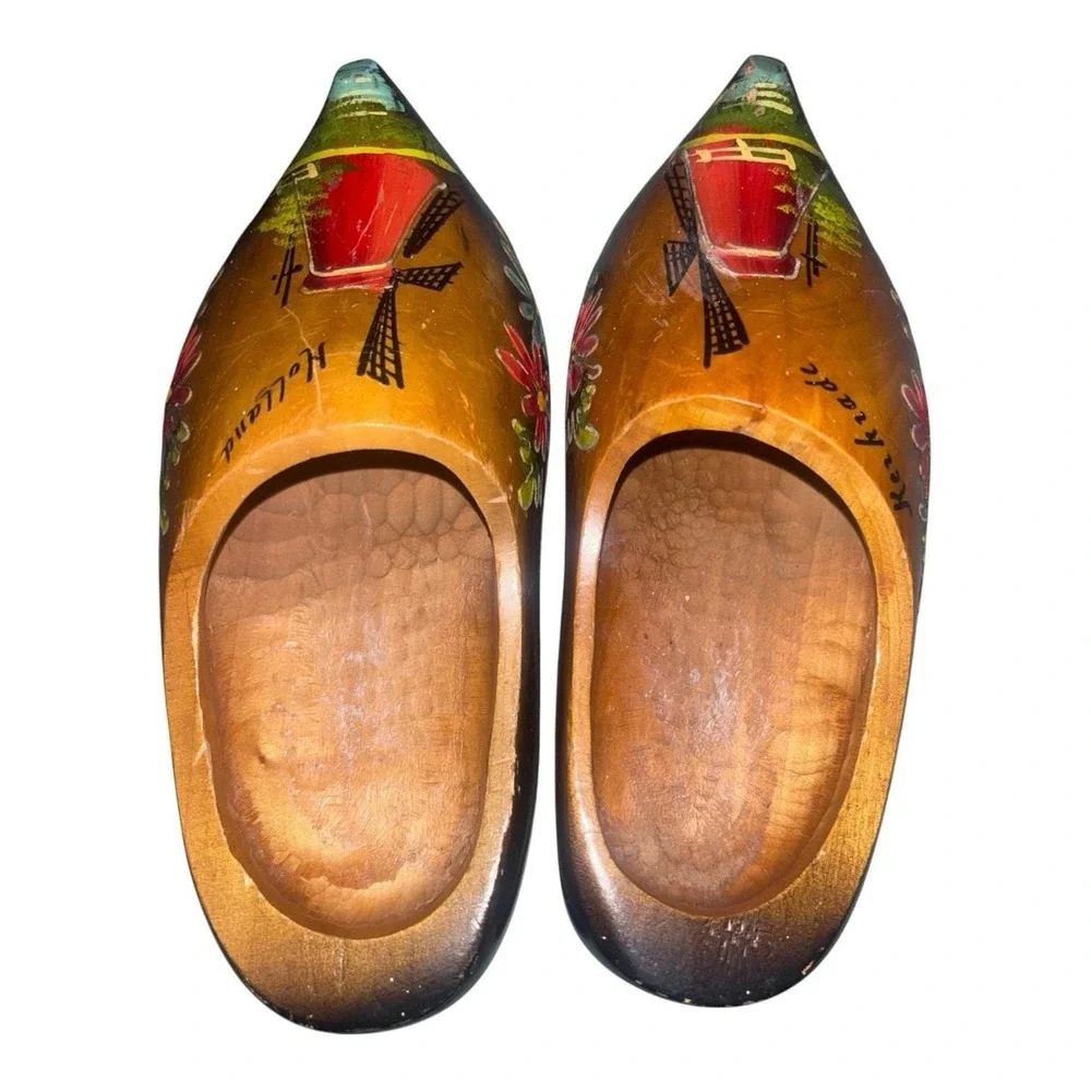 Vintage Authentic Dutch Holland Wooden Clogs Shoes Handpainted Collectible 1950s